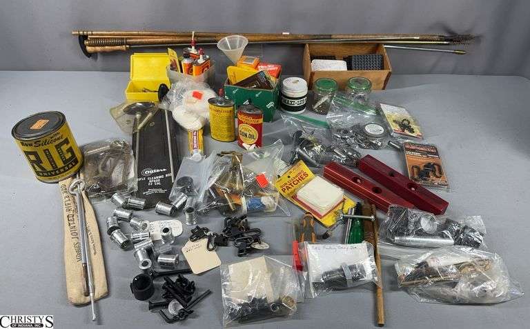 Gun Parts, Gun Cleaning Items and Reloading Parts/Pieces- Includes Lee Factory Crimp Die, Swivels, Lok-Down Sling Swivel Set, Parker Bros. 12 ga. Loading Set, Bushings, Gun Cleaning Equipment and Patches, Rifle Cleaning Brushes, Pistol and Revolver Cleaning Brushes, Gun Oil, Long Gun Cleaning Rods and Cleaning Solvent and More image