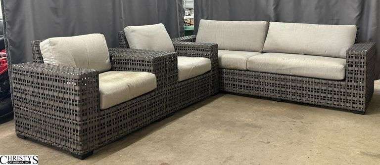 3pcs Woven Vinyl Deep Seat Outdoor Chairs and Sofa Arms Do Have Splitting 40x35x32", Sofa 98x34x32" Tall image