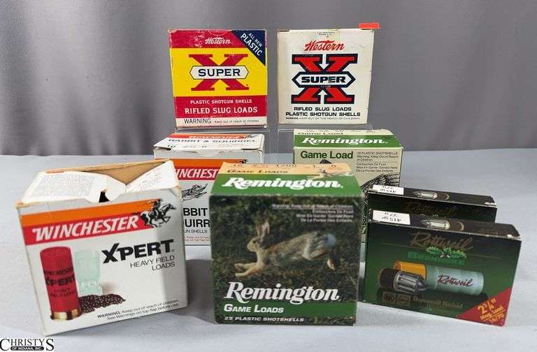 16 Gauge Shotgun Shells- Includes 2 Boxes of 5 Rottweil Brenneke, 5 Misc. Boxes of 25 Shotshells. Box with 5 Shotshells Remington Express and a Box with 8 Shotshells Winchester Western image
