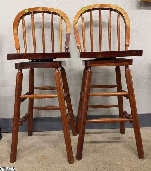 Pair Wooden Swivel Bar Stools - 44" x 30" seat of each - one is missing spindle image