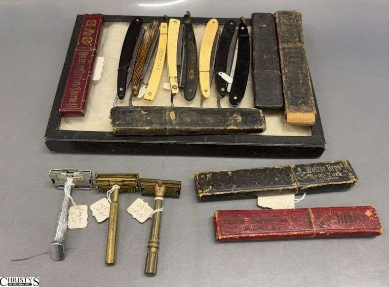 Antique Men's Razors and Straight Razors w/ Small Display Case - 12" x 8" of case image