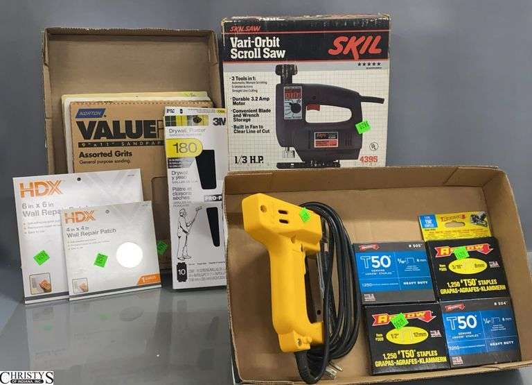 SkilSaw Vari-Orbit Scroll Saw, Electric Stapler, T50 Staples, Wall Repair, Sandpaper image