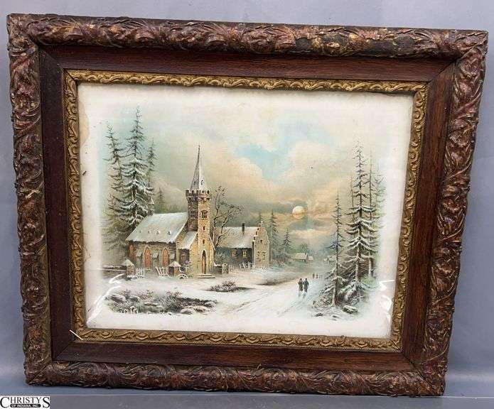 "Winter Moonlight, Christmas Eve" Framed Print after William Henry Chandler - 26" x 22" - some repair/chipping to frame image