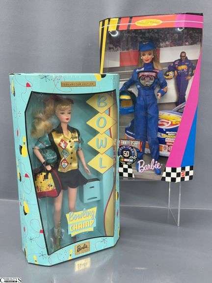 2 Collector Barbie Dolls Bowling Champ and 50th Anniversary Nascar Doll image