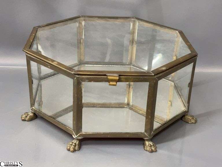 Brass & Glass Claw Foot Hexagon Display Casket - 13" x 13" x 6" - one hinge needs repair image