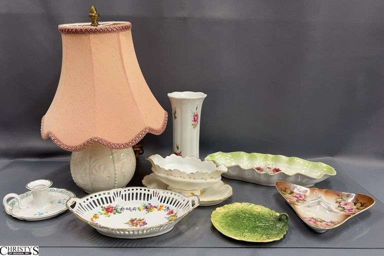 Belleek Table Lamp, China Vase, Dishes - 16" of table lamp image