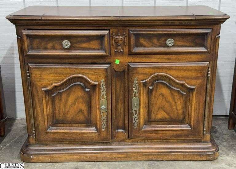 Century 2 Drawer 2 Door Flip Top Server Some Finish Wear 42x19x31 Damaged Back See Photos image