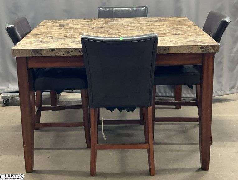 Counter Height Mineral Top Dining Table, 4 Chairs with Some Damage to Vinyl Seats, Table 54x54x36" image