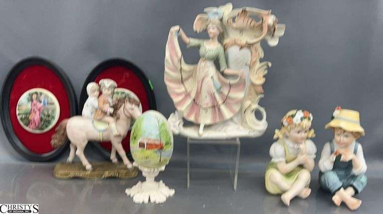 Porcelain Figurines, Framed Porcelain Plaques, Hand Painted Porcelain Egg - 8" of tallest image