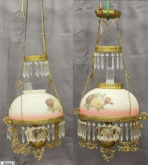 Pair Rose Motif Shade Ornate Victorian Brass Oil Lamp Style Hanging Light Fixtures - 18" x 42" of largest, as hanging - missing prisms image