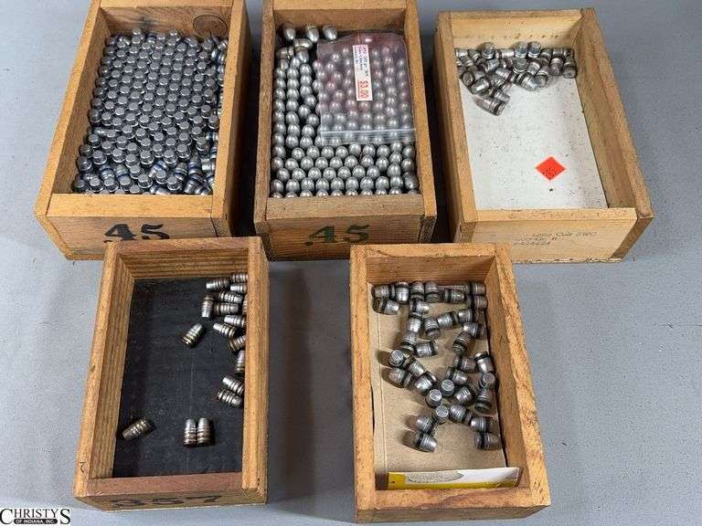 5 Wood Boxes of Bullets- 2 Boxes Marked 45, 1 Box Marked Long Colt SWC,  1 Marked 38 SWC and 1 Marked .357 image