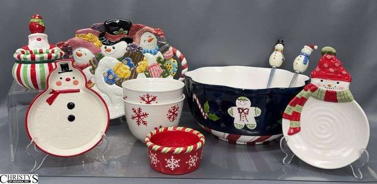 Snowman and Santa Christmas Serving Pieces - Platter, Bowls, Serving Utensils - some chipping - 12" x 6" of largest bowl - some chipping image