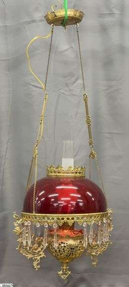 Victorian Oil Lamp Style Red Glass Hanging Light Fixture - 19" x 36" approx overall - missing some prisms image