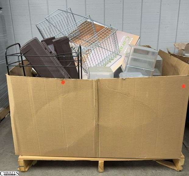 Large Lot of Food Storage and Food Prep Containers, Stainless Deep Trays, Beverage Dispensers, Rack, Knife Holder, Griddle Presses, Utensils 3 Tier Basket Stand, Pallet Included image