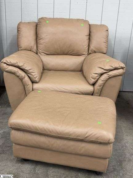 Natuzzi Leather Club Chair and Ottoman - 48" x 36" x 38" - 18" seat of chair - shows wear/damage to leather image