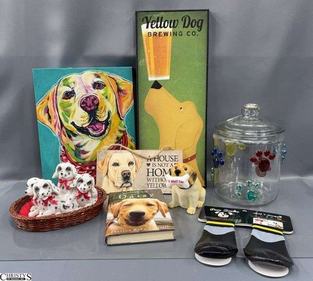 Assorted Dog Theme Decor - Biscuit Jar, Signs/Prints, Paw Socks, Figurines - 8" x 20" of largest image