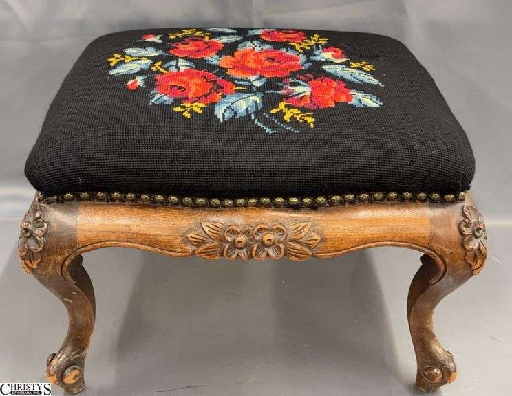 Needlepoint Floral Motif Upholstered Ottoman - 19" x 16" x 12" image