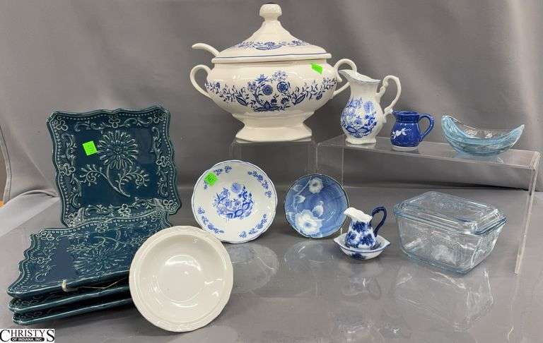 Blue and White Tureen, Decorative Dishes, Art Glass Trinket Dish, Pitchers, Largest 11x9.5" To Top image