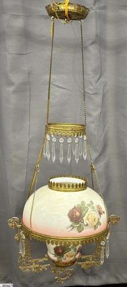 Rose Motif Victorian Oil Lamp Style Hanging Light Fixture - 19" x 36" approx overall - missing some prisms image