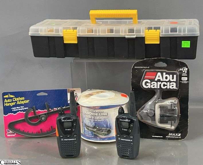Abu Garcia Fishing Reel, Talkabout Walkie Talkies, Rope, Plastic Hardware Organizer - 18" of organizer image