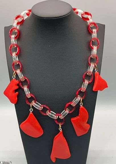 Vintage Bakelite Red With Red and Clear Lucite Chain Signed on Shape Jim Foltz image