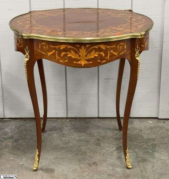 French Louis XV Style Mahogany and Marquetry Inlay Side Table, Some Wear In Two Places On Top Finish 29x29x29" image