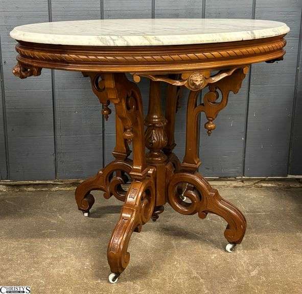 Ornate Lion Crest Carved Wood Marble Top Parlor Table - 34" x 25" x 29" image