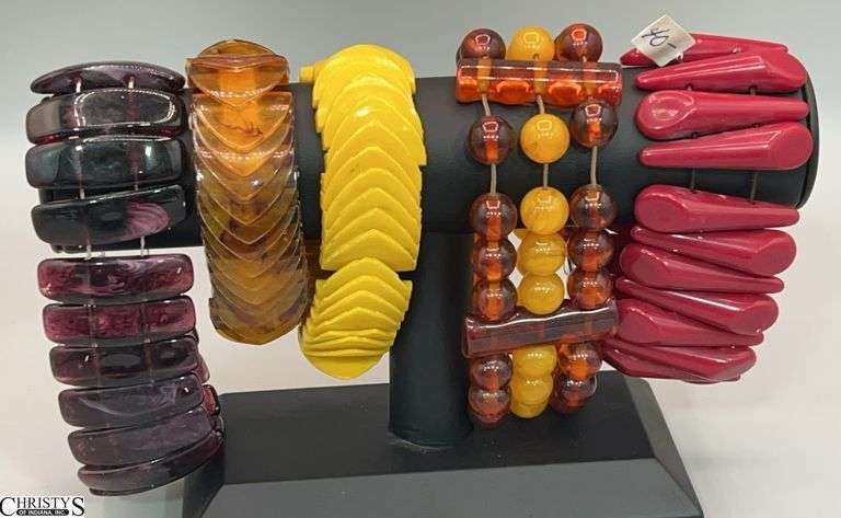 5 Marked Celluloid, and Alike Material Beaded Bracelets, Some Wear image