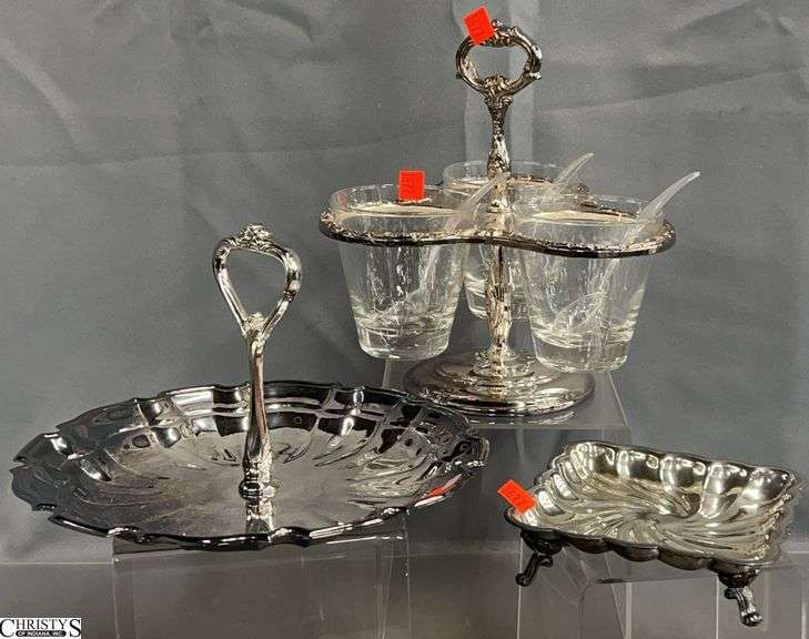 Silverplate Footed Dish, Condiment Server, Tidbit Tray - F. B. Rogers, Towle, and Other - 10" D of largest image