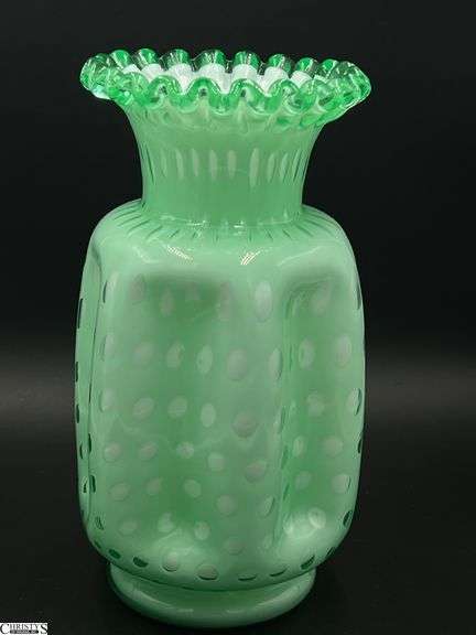 Fenton Glass UV Reactive Green Overlay Optic Dot Pinch Ruffled Edge Vase - 8.5" T image