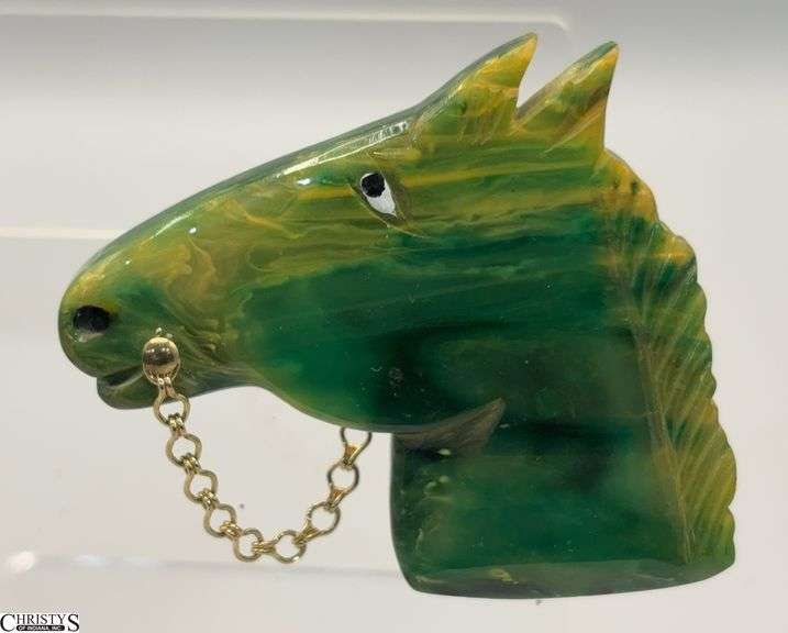 Green Bakelite Signed Jim Foltz Horse Head Pin 2.5x2.25" Wide image