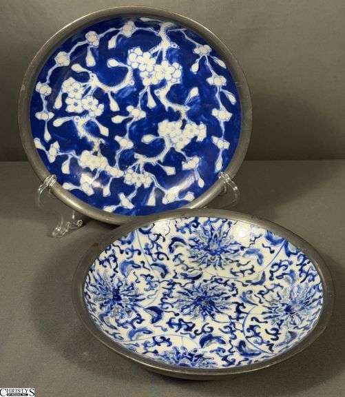 Pair Japanese Blue & White Porcelain Encased Pewter Plates - 8" of each image