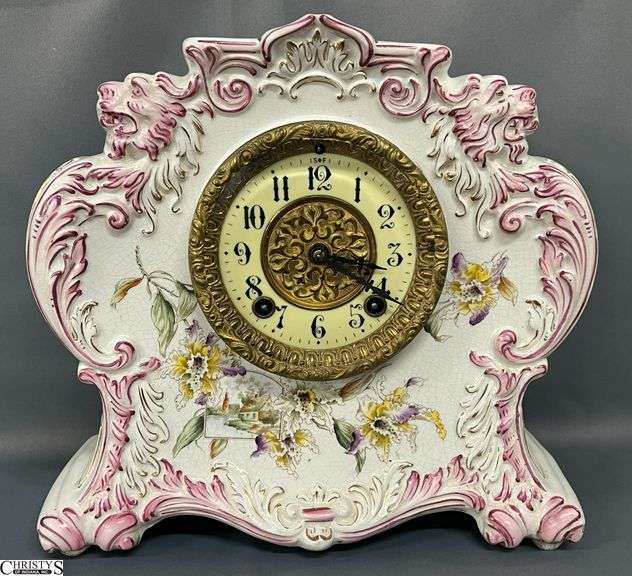Wm. L. Gilbert Floral Motif Porcelain Mantle Clock - 12" x 5" x 11" image