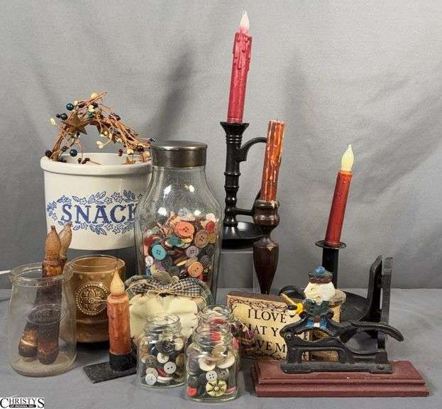 Primitive Style Decor Group - Buttons, Artificial Candles, Crock, Misc - 10" of jar image