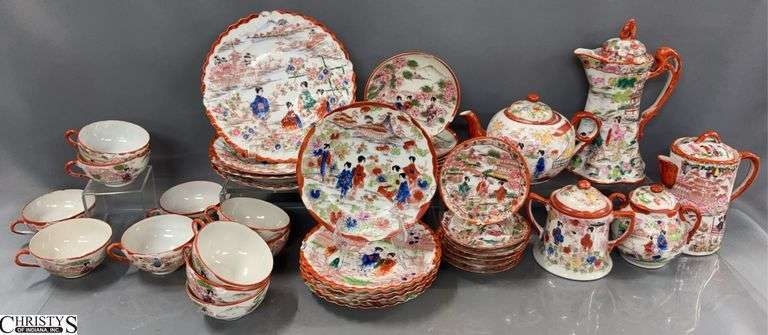 Japanese Kutani Ware Dishes - Coffee/Tea Pots, Sugars, Teacups, Saucers/Plates - 8.5" D of largest - some chipping image