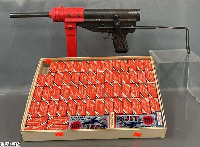 Vintage Mattel "Burp G*n" Toy With Kilgore Perforated Roll Caps, Jet Sure Shot Roll Caps image