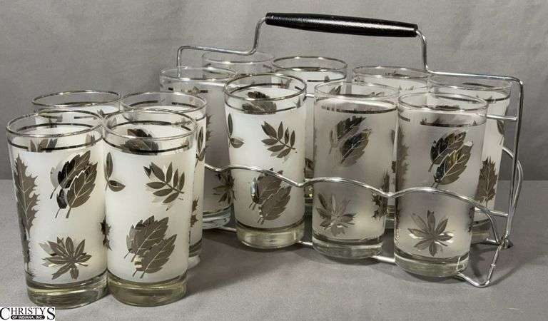 Mid Century Libbey Silver Leaf Glasses and Holder - 5.5" T of each glass - 13" x 8" x 6" of holder - some minor finish loss image