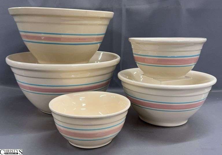 Nelson McCoy Pink & Blue Stripe Large Pottery  Mixing Bowl Set - 14" x 7" of largest bowl image