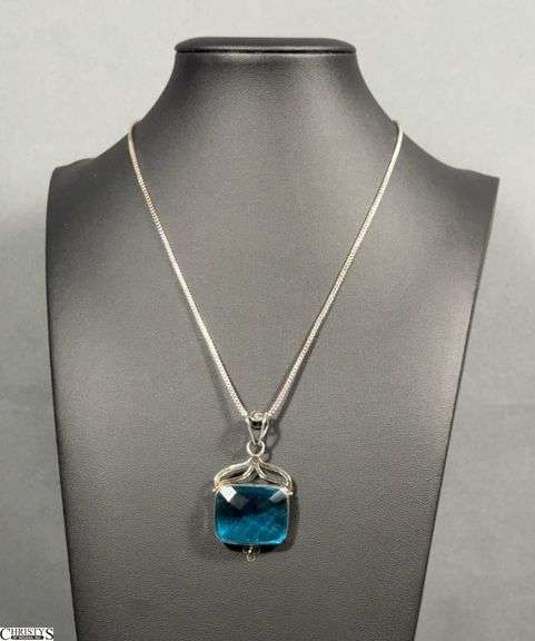 Sterling Silver Chain w/ Sterling Silver Wrapped Aqua Stone Pendant - image