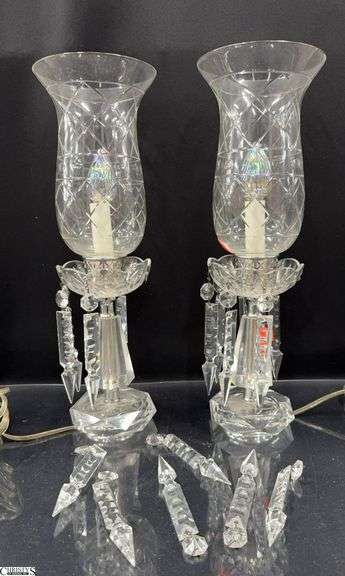 Crystal and Glass Prism Candle Stick Style Table Lamps With Glass Etched Shades, Overall Height 15" image