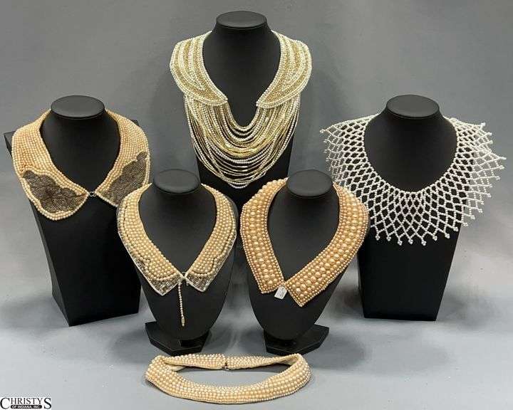 Vintage Beaded and Pearl Like Neck Collars, One Marked Japan, Shows Some Wear image