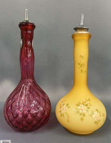 Fenton Glass Cranberry and Hand Painted Cased Glass Barber Bottles - 2pcs - 9" of tallest image