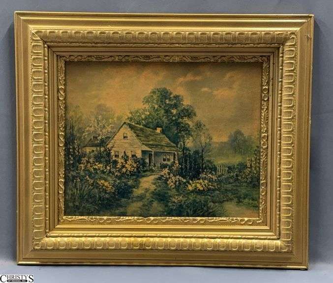 Gilt Style Frame With Cottage Scene Print on Board 29x25" image