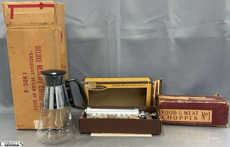 Deluxe Nescafe Coffee Maker, Food & Meat Chopper, Wear Ever Cookie Gun, Pyrex Glass Carafe - 9.5" of carafe image