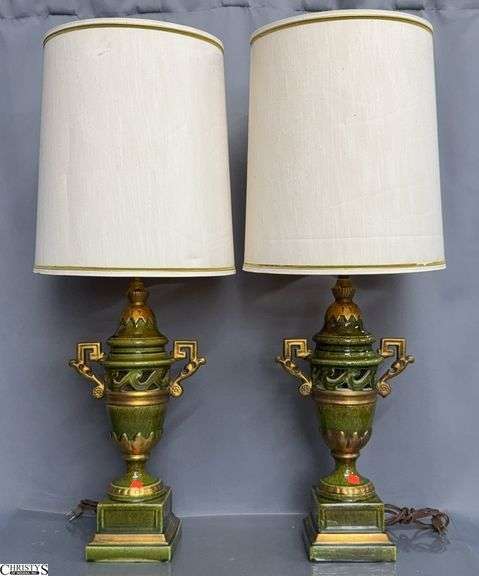 Pair of Ceramic Green and Gold Urn Style Table Lamps 37.5" image