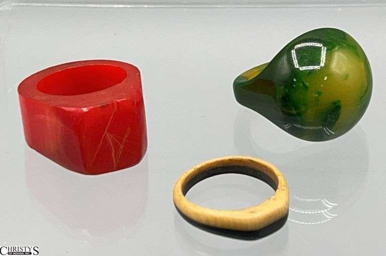 3 Bakelite Rings, Red, Green Marbled Dome, 2 Tone Slim Ring image