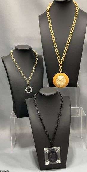 3pc Cameo Bakelite / Celluloid / Lucite Chains, Largest Clear 2.25x2.5" Pendant image