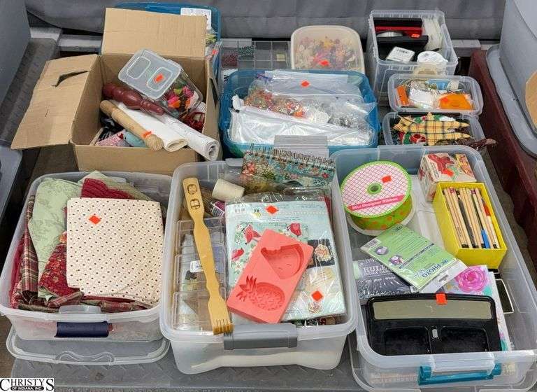 Craft and Quilting Supplies, Small Totes, Hole Punch, Beads, Flowers, Sizzix, Photo Seal, Pencils, Sewing and Some Tapestry Fabrics, SKID NOT INCLUDED image