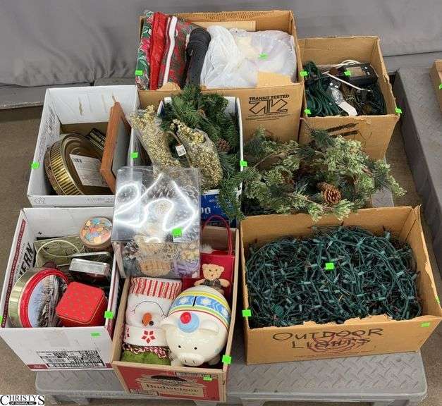 Skid of Christmas - Lights, Artificial Greenery, Extension Cords, Tablecloths, Tins - SKID NOT INCLUDED image