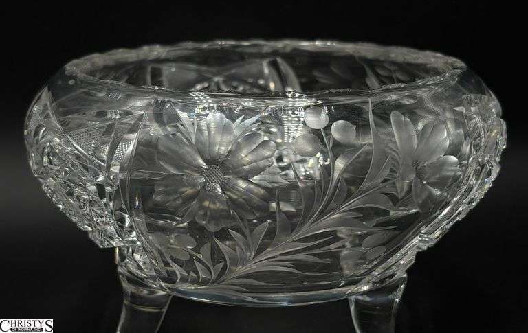 Tuthill American Brilliant Period Floral Etched Cut Glass Footed Bowl - 7" x 4.5" image